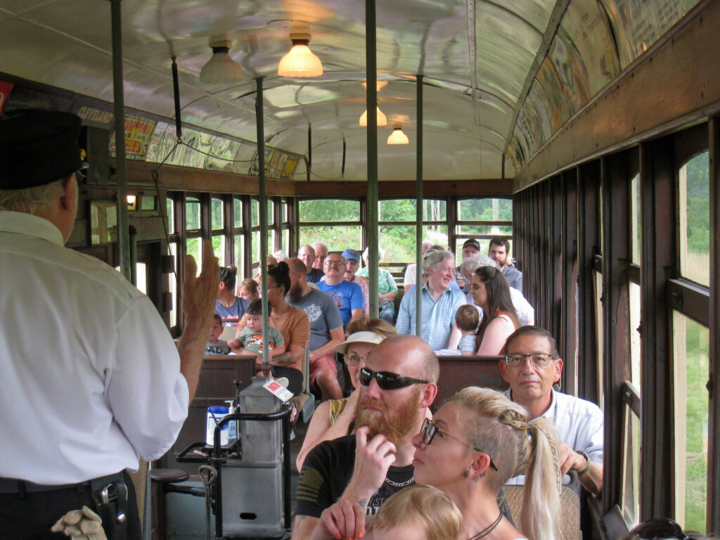 Passengers on trolley ride in Seville, Ohio